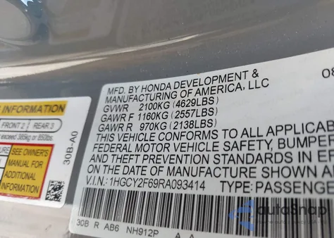 2024 Honda Accord Hybrid Ex-L z USA, uszkodzony, nr VIN 1HGCY2F69RA093414